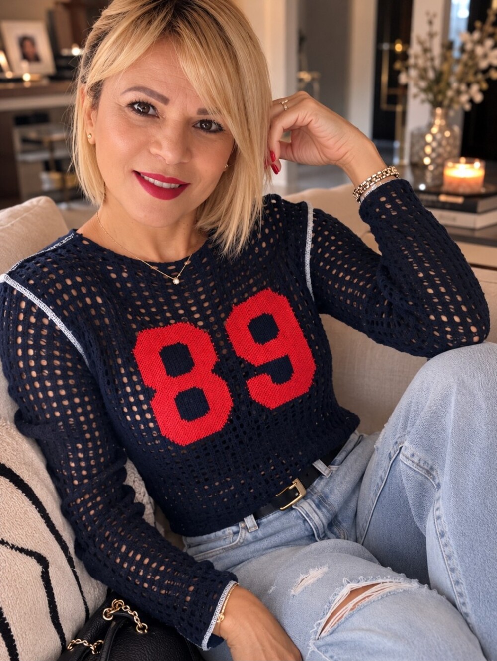 SO Navy Crochet Crop Sweater with Red '89'